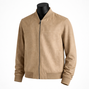 <b>Men's</b> <b>Suede</b> Bomber <b>Jacket</b> Stand Collar Zipper Closure Casual Autumn Wear Regular Fit Solid Color Long Sleeve <b>Jackets</b> for Sale - Product Image 2