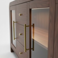 Buffet de salon avec trois tiroirs centraux et trois portes vitrées latérales, en bois d'hévéa écologique, MDF et chêne