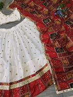 Set Lehenga Choli Putih Merah Bordir Cermin Tradisional India untuk Pesta Pernikahan Musim Dingin, Gaun Katun Panjang hingga Lantai untuk Wanita