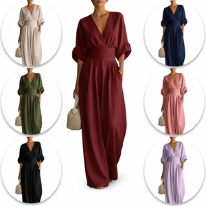 Vestido Maxi Borgoña con Cuello en V, Sin Mangas, Cintura Natural, Corte Holgado, Largo Completo, de Crepé, para Mujer, Primavera, Color Sólido, Algodón Transpirable - Product Image 4