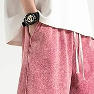 <b>Men's</b> <b>Pink</b> Cotton <b>Shorts</b> Solid Color Casual Style With Pockets Drawstring Waist Mid Rise Breathable Knitted Fabric - Product Image 4