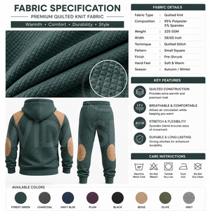 Ensemble de survêtement à capuche pour homme, couleur unie, design matelassé avec détails patchwork, manches longues, vêtements décontractés, saison d'automne - Product Image 6