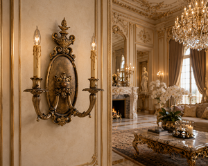 Aplique de Pared de Lujo Estilo Barroco Veneciano con Detalles de Espejo Ornamentados, Marco Decorativo de Latón, Luz de Vela de Cristal y Elabora Decoración - Product Image 4