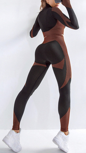 Ensemble 2 pièces sportif taille haute pour femme, haut court à col roulé à manches longues, tricoté, color block, avec fermeture éclair, écoresponsable - Product Image 3