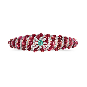 Luxury Rose Gold <b>Ruby</b> and Diamond Bangle <b>Bracelet</b> with Cascading <b>Ruby</b> Beads and Emerald Floral Centerpiece - Product Image 1