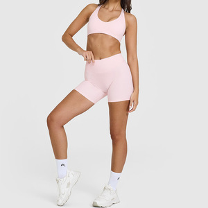 Pink Cut-Out Sports <b>Bra</b> Set High Waist Shorts Seamless Fitness Wear <b>Racerback</b> Scoop Neck Medium Support - Product Image 1