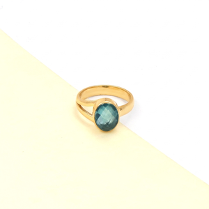 Blue Topaz Oval <b>Ring</b> 8x10mm Checker Cut Handmade Brass Gold Plated Gemstone Bohemia Sky Blue Statement <b>Ring</b> November Birthstone - Product Image 4