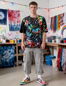 เสื้อยืดไทไดไดนามิกสำหรับผู้ชาย แขนสั้น ลายสาดสี ทรงหลวม สไตล์ทันสมัย เสื้อยืดไทไดแฟชั่น - Product Image 3