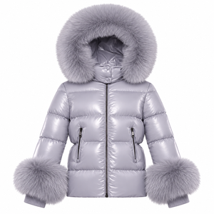 WHOLESALE 2026 New Winter Shiny <b>Silver</b> Grey Real Fox Fur Thick Warm <b>Puffer</b> <b>Jacket</b> with Front Logo Unisex - Product Image 1