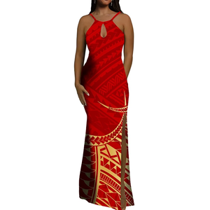 Vestido de Noche Rojo sin Mangas Personalizado de Alta Calidad con Diseño Tribal Samoano Polinesio de Gota de Agua, Vestido Maxi Ajustado con Abertura - Product Image 1