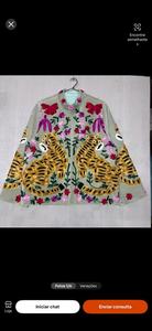 Chaqueta Bomber Acolchada Bordada con Estampado de Tigre y Flores para Mujer, Estilo Bohemio Prairie Chic, Manga Larga, Botones Cubiertos, Cuello Redondo, 100% Nailon - Product Image 3