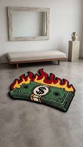 Tapis d'intérieur antidérapant en laine tuftée à la main, motif flamme de billets de banque, unique, pour salon, chambre à coucher, salle de jeux - Product Image 4