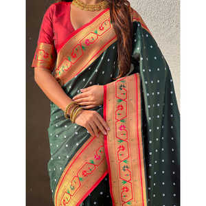 Sari en soie Elite Weaves Green Bottle Fusion avec bandhani tissé Zari, style indien et pakistanais, 650g - Product Image 2