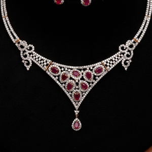 Vintage Engagement <b>Ruby</b> CZ Bridal <b>Necklace</b> 22K Gold Plated Statement Red Cubic Zirconia Wedding Jewelry - Product Image 2