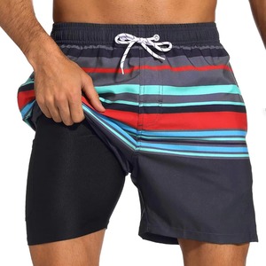 Shorts de bain rayés à séchage rapide pour hommes, doublés à deux couches, avec cordon de serrage, vente en gros OEM, vêtements d'été - Product Image 3