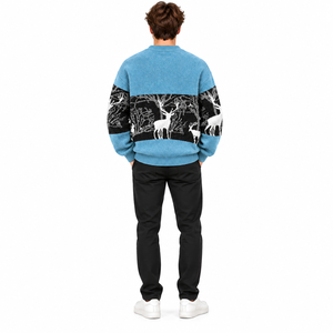 Men’s Blue Deer Jacquard Knit <b>Sweater</b> Winter Crew Neck Long Sleeve Pullover Casual Warm Fashion <b>Sweater</b> - Product Image 4