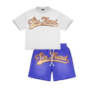 Six Trend Men's White T-Shirt Orange Shorts <b>Set</b> Crew Neck Summer Outfit Printed Letter Logo <b>Knitted</b> Cotton Heavyweight - Product Image 2