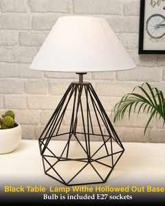 Modern Geometric Metal Table <b>Lamp</b> with White Fabric Shade <b>Black</b> Wireframe <b>Bedside</b> Desk <b>Lamp</b> Contemporary Home Decor Accent Light - Product Image 4