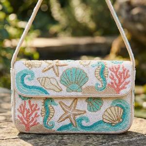 Sac à bandoulière artisanal perlé pour femme, motif coquillage et étoile de mer, sac de soirée tendance avec perles, thème océan - Product Image 4