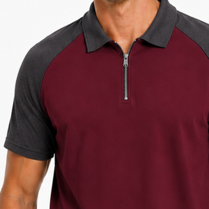 Polo de manga larga con cremallera de un cuarto para hombre, color granate y gris oscuro, con bloques de color en contraste, mangas raglán, camisas de golf con logotipo personalizado, más vendido. - Product Image 3