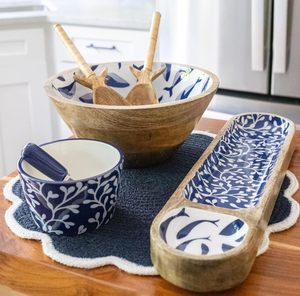 Wood Serving <b>Tray</b> Wooden Serving Dish Blue Floral Pattern <b>Snack</b> Plate Catering Platter for Home Restaurant - Product Image 1