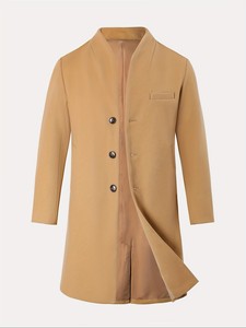 Manteau en laine pour homme à simple boutonnage, revers cranté, long, épais, coupe ajustée, noir, style trench, manches classiques, en tissu tissé - Product Image 2