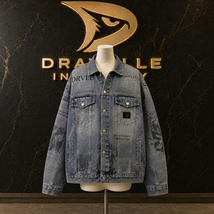 Chaqueta Trucker con Estampado Gráfico de Periódico, Estilo Hip Hop, Lavado, en Mezclilla Gris Azul, con Parches Dravelle - Product Image 1