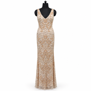 Robe de soirée sirène en tulle brodé, col en V, sans manches, ornée de strass et de sequins floraux champagne |   Robe de soirée élégante longue jusqu'au sol - Product Image 1