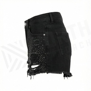 Shorts de mezclilla de pierna ancha con cintura alta, perforados y con borde deshilachado para mujer, color personalizado, estilo casual y moderno para el verano. - Product Image 3