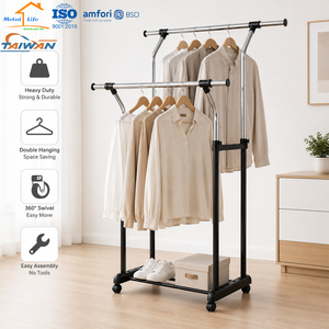 Double <b>Rod</b> Garment Rack Stainless Steel Standing Clothes Organizer for Bedroom Minimalist Design with Wheels - Product Image 3
