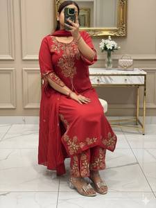 NiMa Creations Red Digital Print Embossed Lawn Salwar Suit Set Traditional Indian Long Top Palazzo Pants <b>Shawl</b> for Party <b>Wedding</b> - Product Image 3
