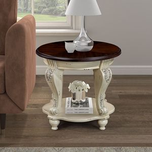 22 Two-Tone Round End Table Solid Wood Easy Assembly Sofa <b>Side</b> Table Shelf Beige Espresso Top Living Room Coffee Table - Product Image 3