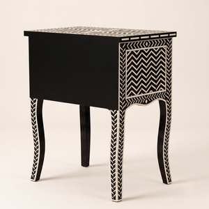 Bone Inlay <b>Black</b> Nightstand 2 <b>Drawer</b> <b>Bedside</b> Table Chevron Stripes Pattern Bedroom Storage Furniture - Product Image 2