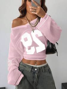 Top de punto de malla para mujer, cuello en V oversize, manga larga, estampado de números, estilo urbano, moda, venta al por mayor OEM - Product Image 2
