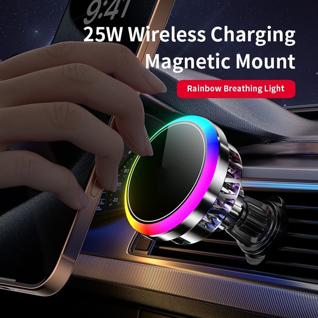 25W Magnetic Car Wireless Charger Mobile Phone Holder Industrial Flavor Q2.2 RGB Breathing Light for iPhone 17 16 15 14 Pro Max