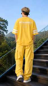 T-shirt Jaune Oversize Homme Manches Courtes Col Rond Coton Jersey Style Urbain Manches Rayées Blanches Couleur Unie Devant Respirant - Product Image 5