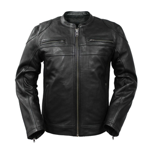 <b>Men's</b> Genuine <b>Leather</b> Slim Breathable Cotton Filled Moto Biker <b>Jacket</b> Mandarin Collar Waterproof Zipper Closure Winter Front - Product Image 1