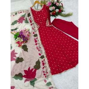 Hermoso vestido rojo Anarkali con Pent y Dupatta para ropa de fiesta Talla L Ropa regional elegante de WW - Product Image 1
