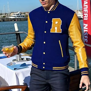 Veste universitaire unisexe bleu et jaune, style baseball, avec patch brodé R, style universitaire classique, en toile, col montant - Product Image 3