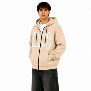 Sweat-shirt à capuche zippé beige pour homme, en coton épais, avec graphisme vieilli sur le devant, poches latérales, style streetwear décontracté - Product Image 3