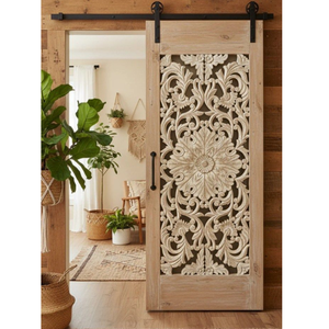 Puerta Corredera de Madera Maciza Blanca Lavada, Tallada con Motivos Florales, Hecha a Mano, de Lujo, para Entrada Interior Artística - Product Image 4
