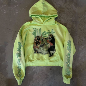 Sudadera con Capucha 2026 de Moda Urbana con Bordado Frontal, Patchwork, Relieve y Apliques, Efecto Monkey Acid Wash, Anti-Pilling, 100% Algodón - Product Image 1