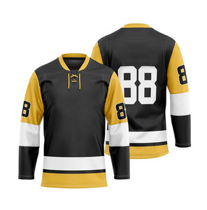 Jersey de Hockey sobre Hielo Negro y Dorado para Hombre, Número 88, Sublimado, Absorbente de Humedad, Manga Larga, Cuello en V, Uniforme de Equipo - Product Image 1