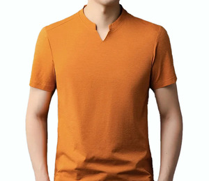 Camiseta de Punto de Manga Corta con Cuello en V para Hombre, Color Naranja, Corte Regular, Estilo Informal, Color Sólido, Teñido Liso, Producción Harry Johnson OEM - Product Image 1