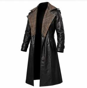 <b>Men's</b> Black Leather Long Trench Coat Lapel Collar <b>Belted</b> Overcoat with Button Cuffs - Product Image 4