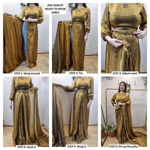 Sari en soie dorée fluide, prêt à porter en une minute, pré-cousu, avec chemisier cousu | Tenues élégantes pour femmes pour les fêtes et les mariages - Product Image 5