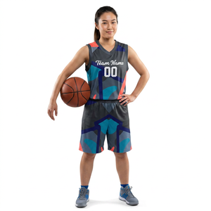 Maillot de basket-ball personnalisé sublimé pour homme, sans manches, col en V, coupe athlétique, imprimé noir, rouge, bleu - Product Image 2