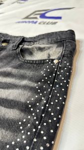 Shorts en jean pour homme, style streetwear personnalisé, baggy, effet usé, délavé à l'acide, avec strass de haute qualité - Product Image 3