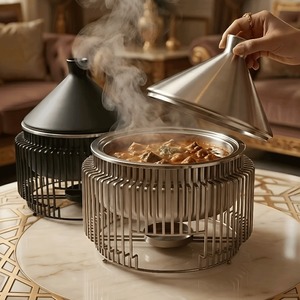 Modern Silver Stainless Steel Tagine <b>Food</b> <b>Warmer</b> Conical Lid Chafing Dish <b>Candle</b> Heated Buffet Server Moroccan Style Serving Pot - Product Image 1