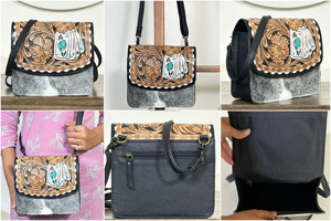 Bolso Bandolera de Cuero Genuino de Vaca Hecho a Mano con Diseño Floral Western y Pelo, Estilo Vintage para Mujer - Product Image 3